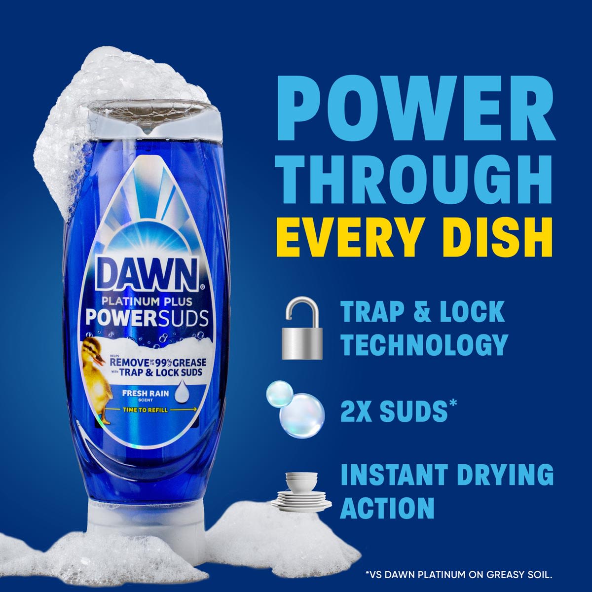 Power through every dish. Trap & lock technology. 2X suds vs. Dawn Platinum on greasy soil. Instant drying action.