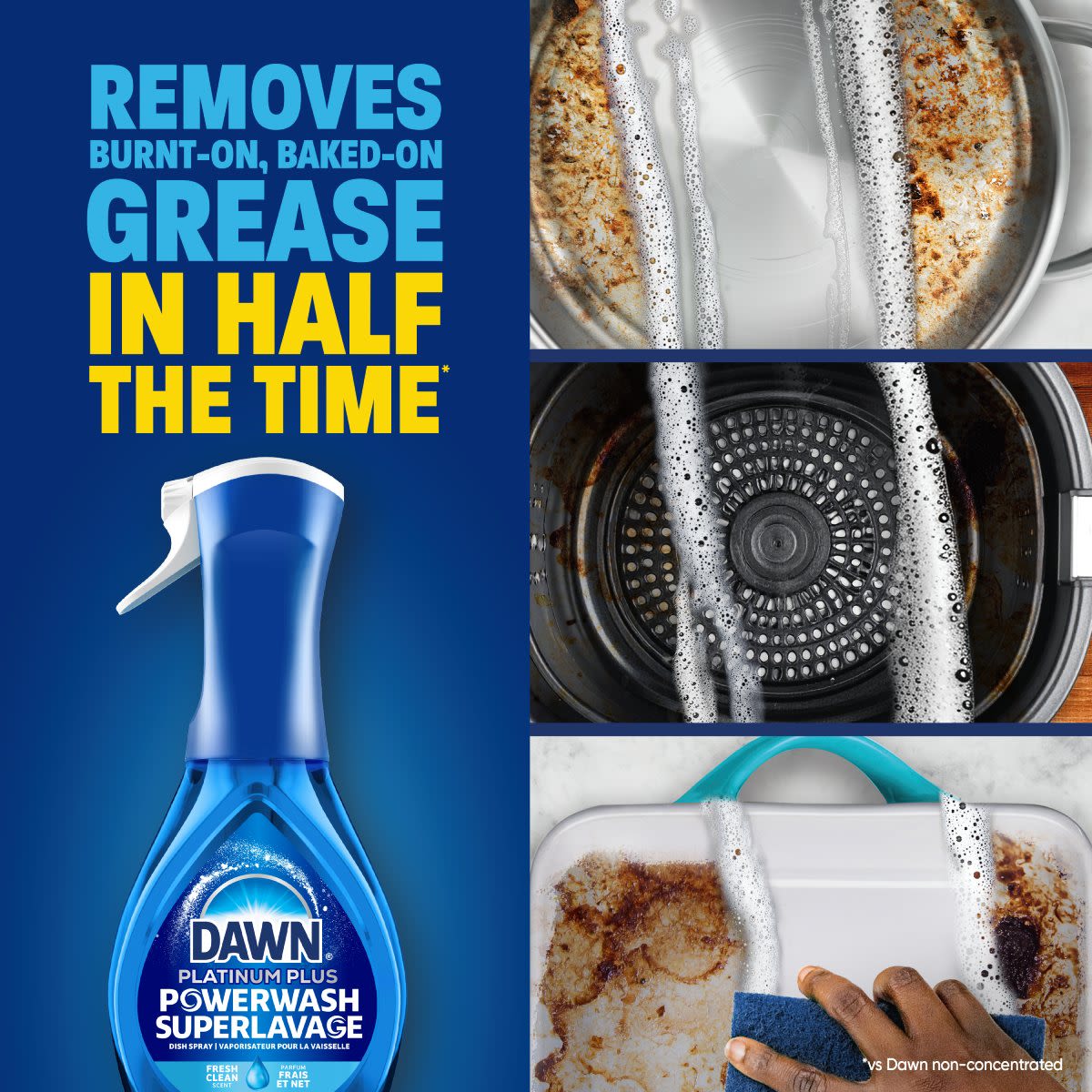 Removes burnt-on, baked-on grease in half the time