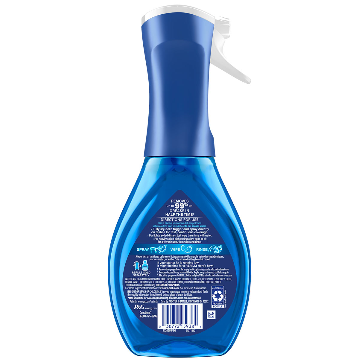 Back side of a Dawn Powerwash Spray Dish Soap Crisp Lilac showing ingredients, safety warnings, and product information label.  