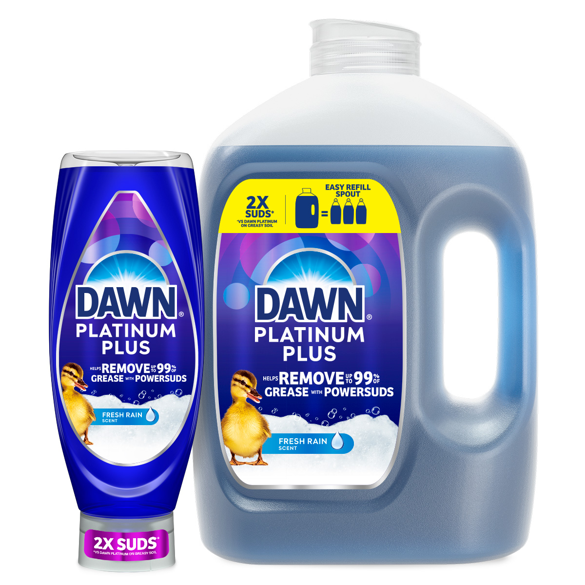 Product image of Dawn Platinum Plus PowerSuds dishwashing liquid in Fresh Rain scent, showing a standard squeeze bottle and a large refill jug with blue packaging and “2X SUDS” label visible.