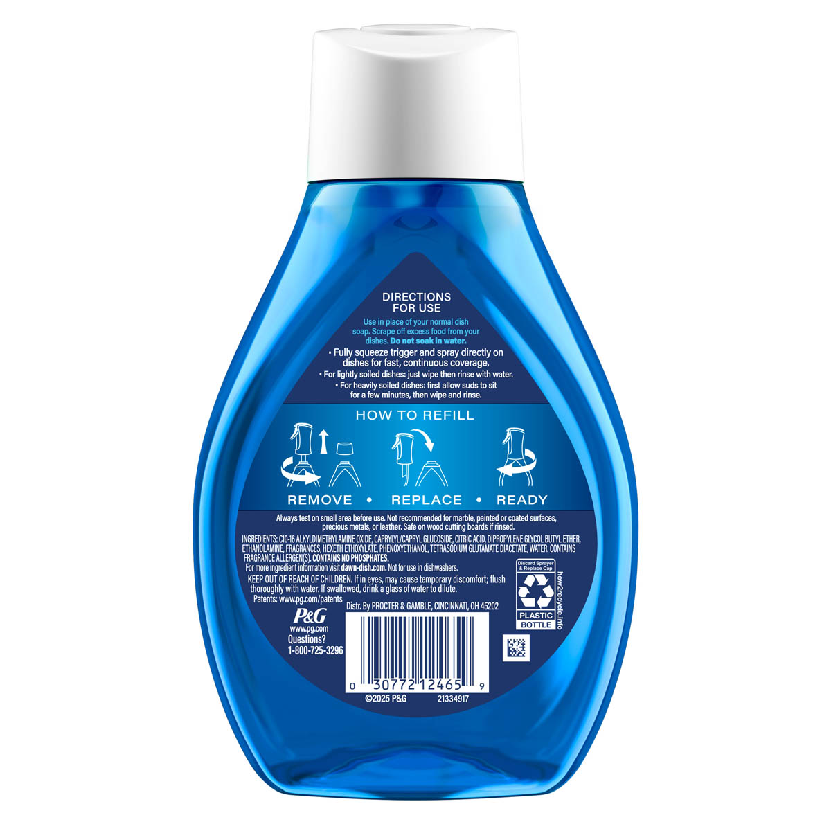 Back side of a Dawn Powerwash Gain Original Dish Spray Refill showing ingredients, safety warnings, and product information label.  