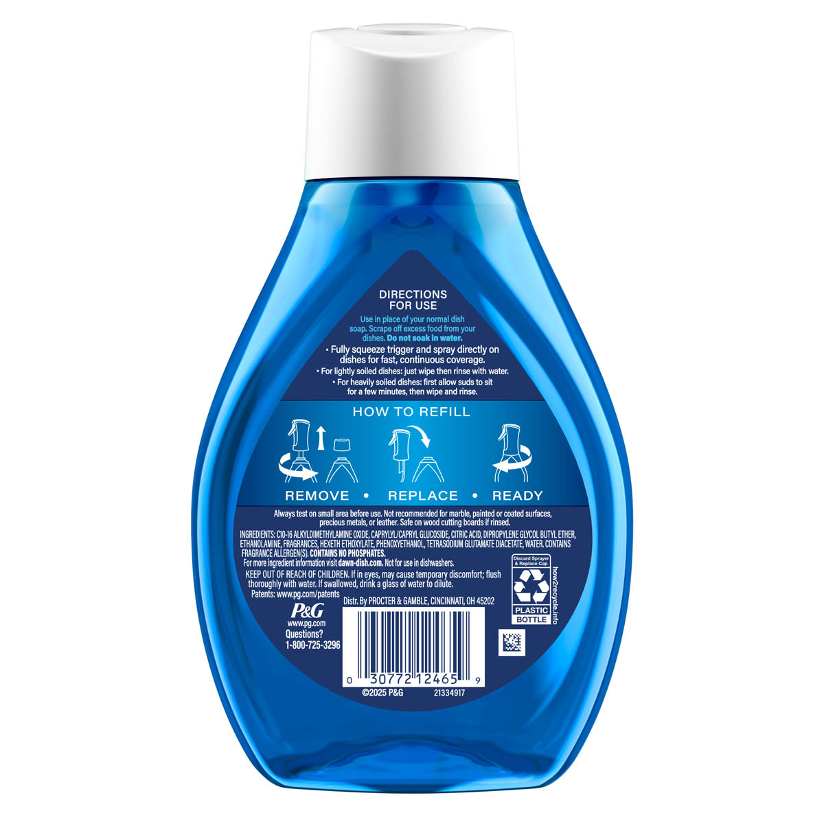 Back side of a Dawn Powerwash Gain Original Dish Spray Refill showing ingredients, safety warnings, and product information label.  