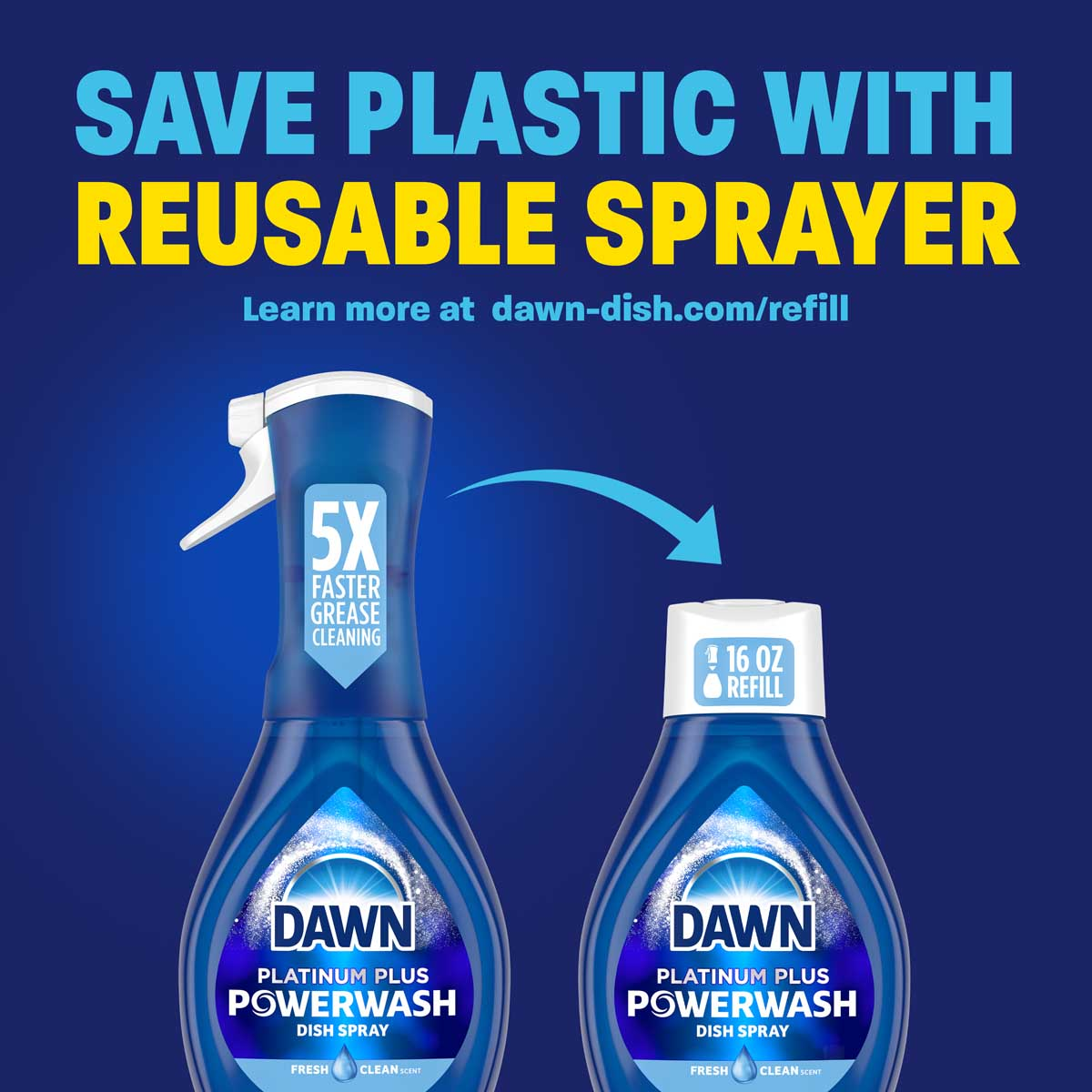 Save plastic with reusable sprayer - Learn more at dawn-dish.com/refill