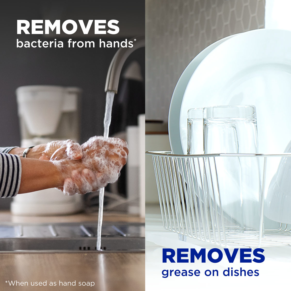Dawn Ultra EZ-Squeeze removes bacteria from hands, removes grease on dishes