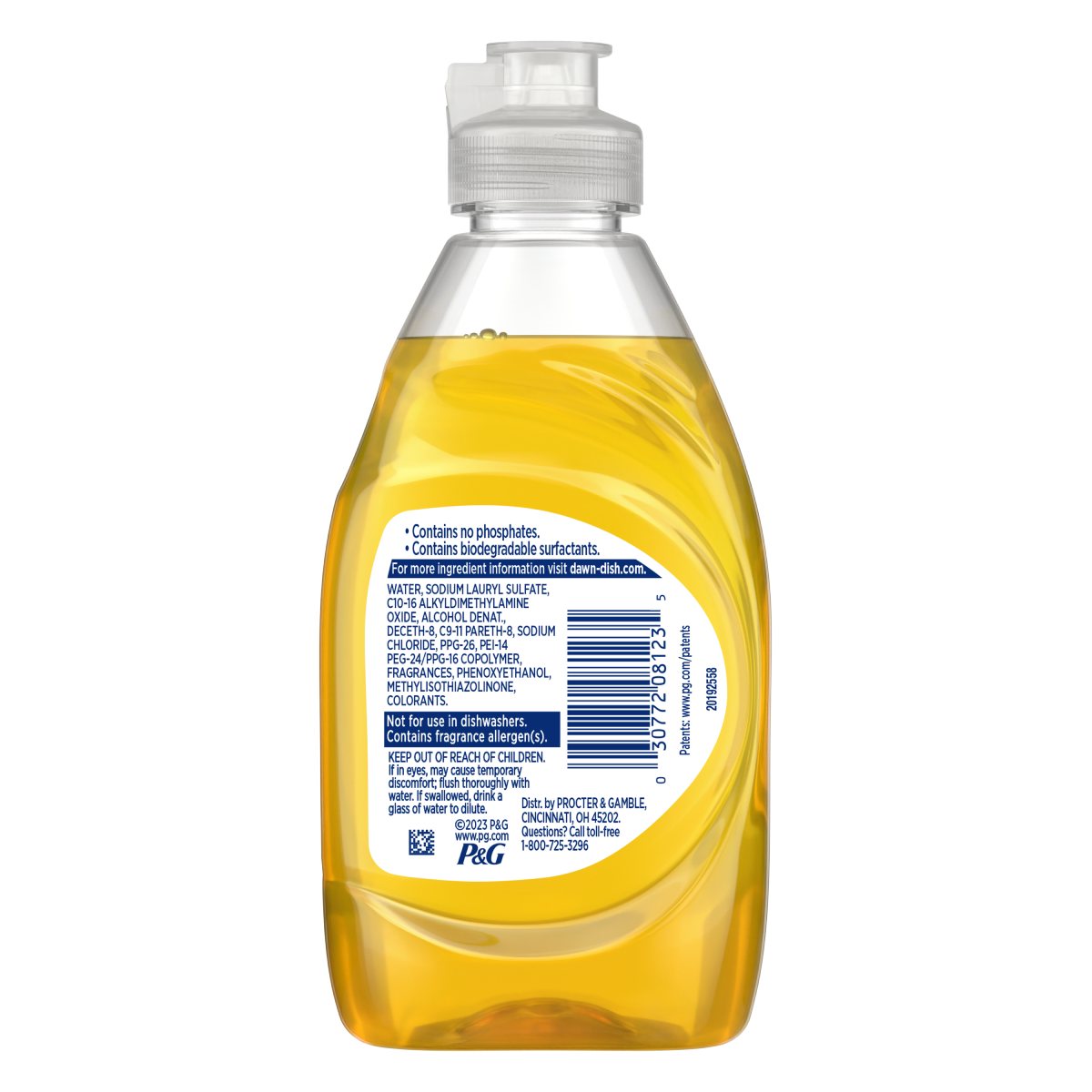 Back side of a Dawn Ultra Liquid Dish Soap, Dishwashing Liquid, Grease Removal, Lemon bottle showing ingredients, safety warnings, and product information label.  