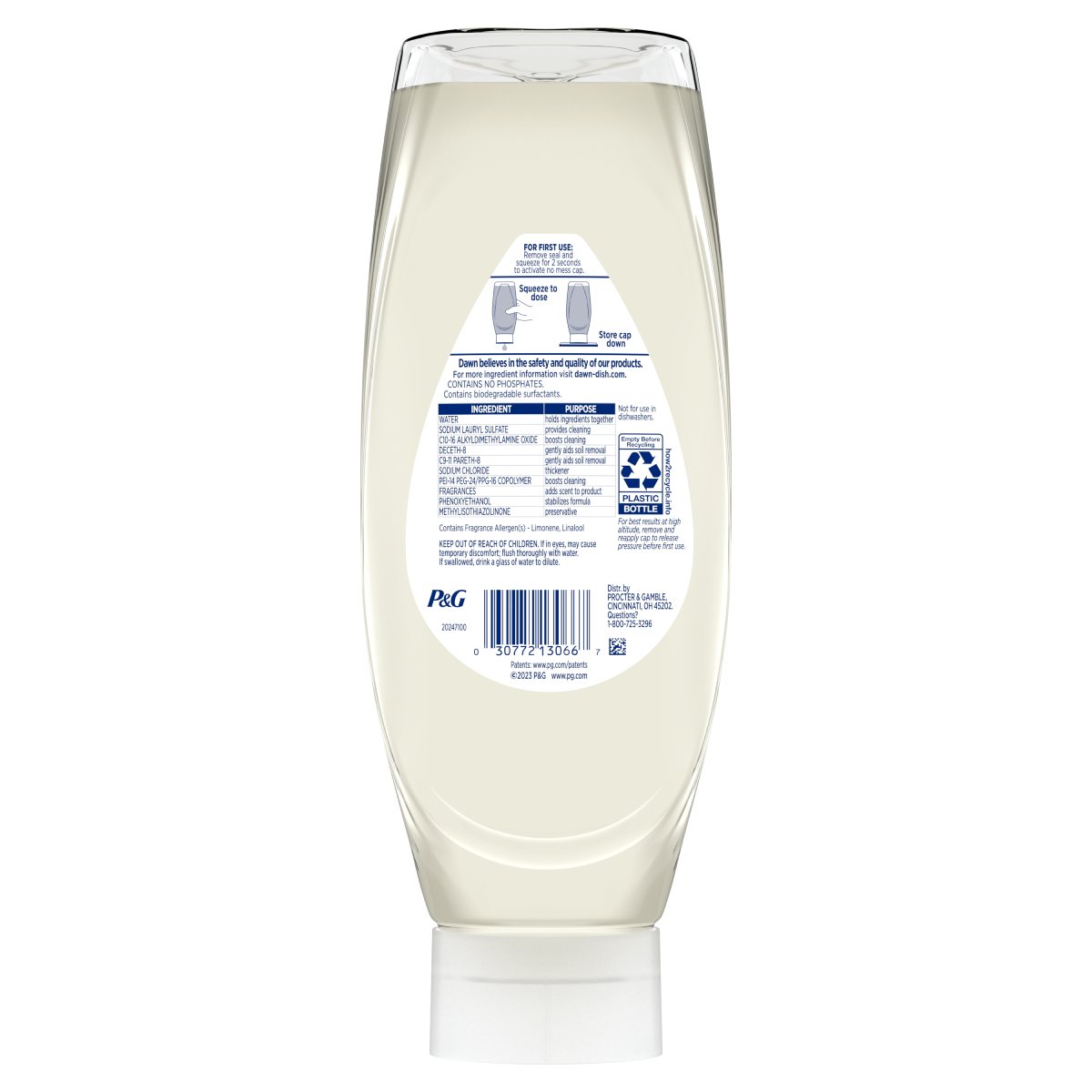 Back side of a Dawn Free and Clear Dishwashing Liquid Dish Soap, Lemon Essence 24.2 Oz bottle showing ingredients, safety warnings, and product information label.  