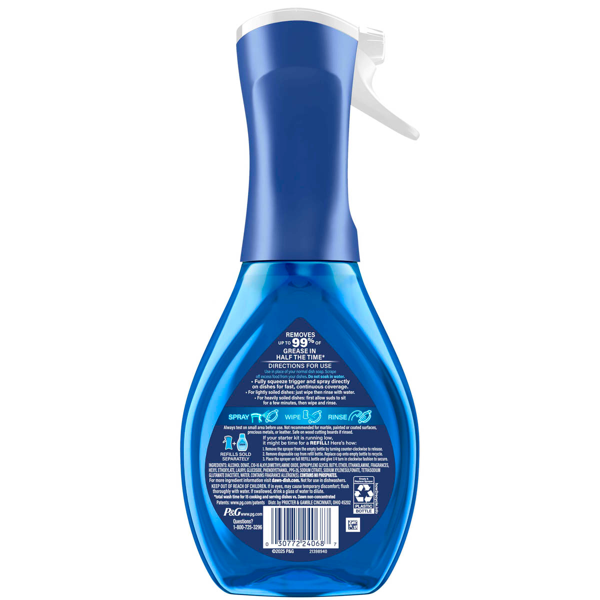 Back side of a Dawn Platinum Plus Powerwash Dish Spray Tropical Scent showing ingredients, safety warnings, and product information label.  