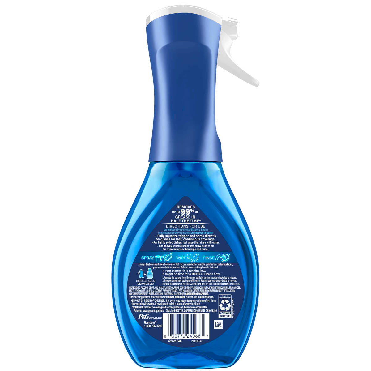 Back side of a Dawn Platinum Plus Powerwash Dish Spray Tropical Scent showing ingredients, safety warnings, and product information label.  