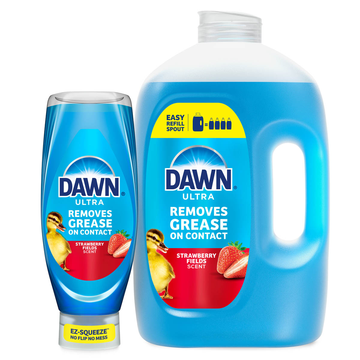 Product image of Dawn Ultra Strawberry Scent dishwashing liquid, showing an EZ-Squeeze bottle and a large refill jug with blue packaging and a “Removes Grease on Contact” label.