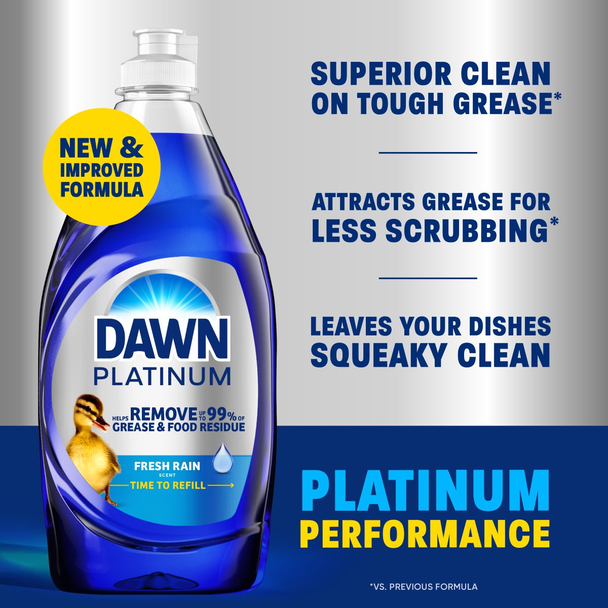 Platinum performance - New and improved formula: Super clean on tough grease, attracts grease for less scrubbing, leaves your dishes squeaky clean