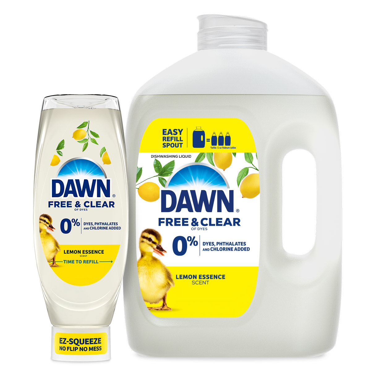 Product image of Dawn Free & Clear dishwashing liquid in Lemon Essence scent, featuring a standard EZ-Squeeze bottle and a large refill jug with white and yellow packaging and a “0% dyes & heavy perfumes” label.