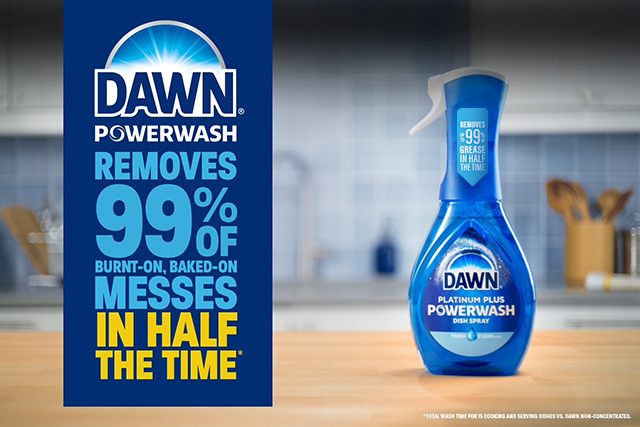 Dawn Powerwash removed 99% of burnt-on, baked-on messes in half the time 