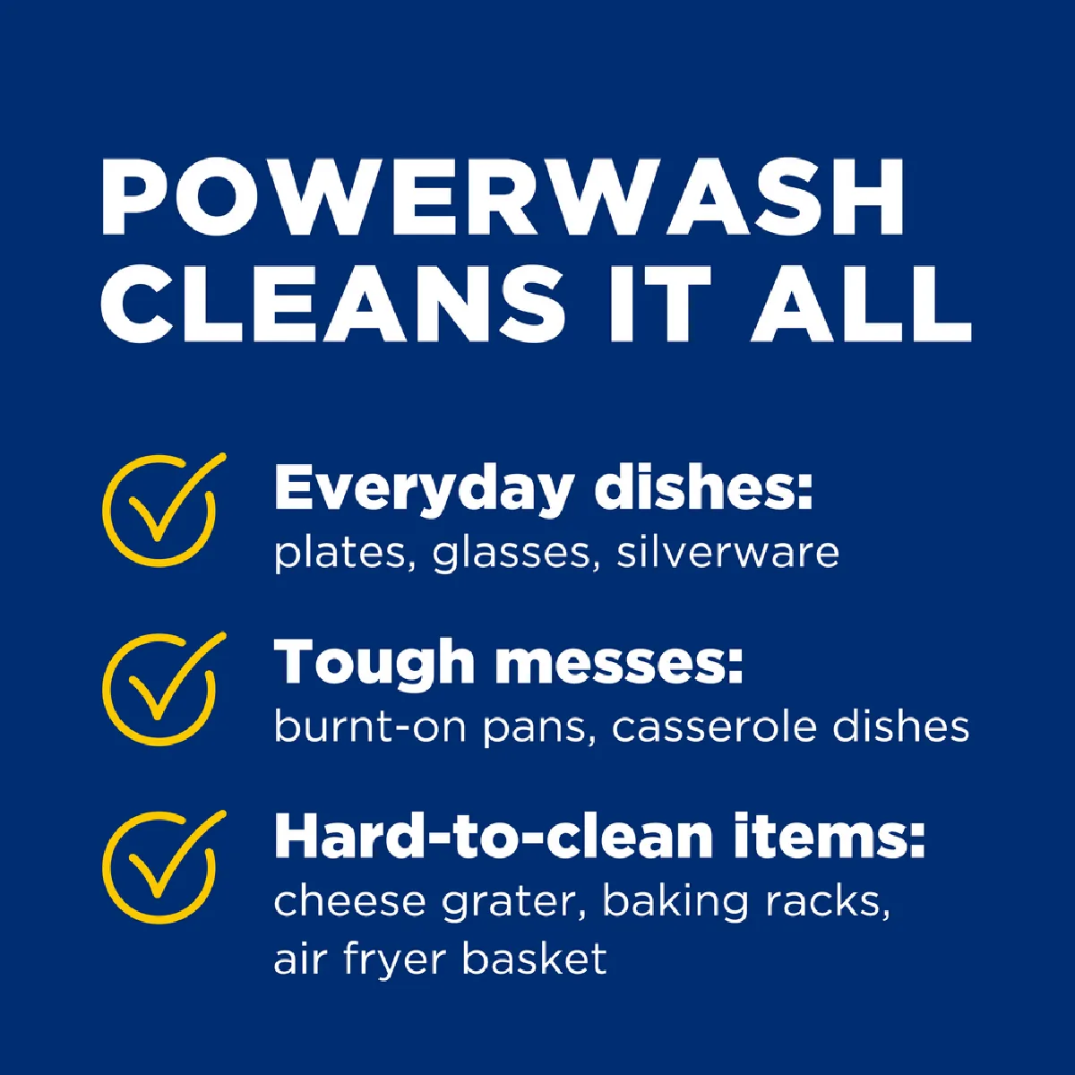 Powerwash Cleans It All: Everyday dishes: plates, glasses, silverware; Tough messes: burnt-on pans, casserole dishes; Hard-to-clean items: Cheese grater, baking rocks, air fryer basket