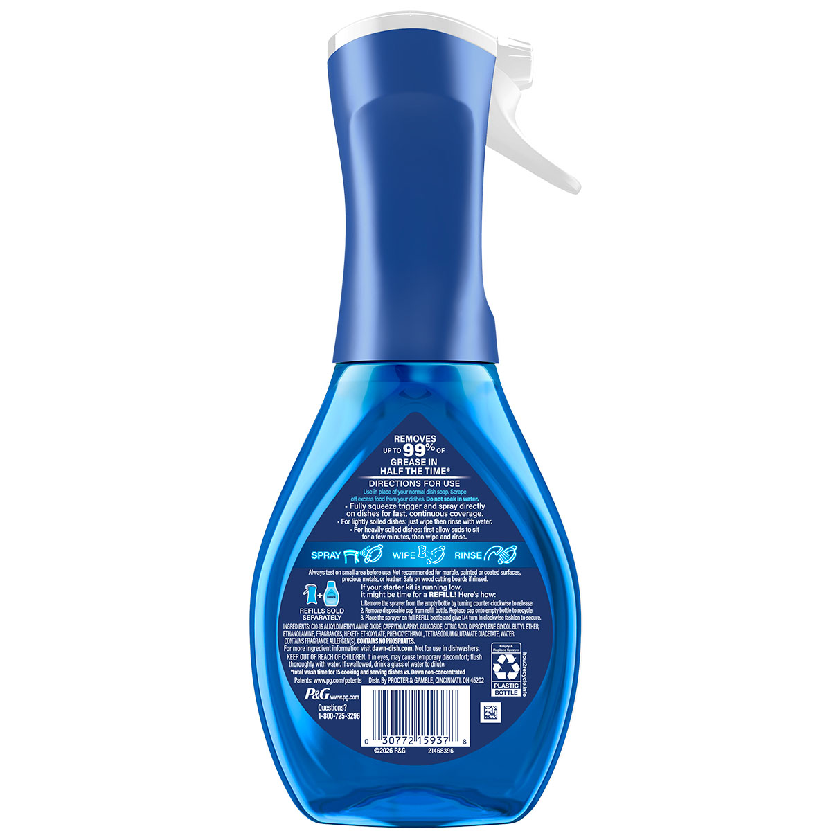 Back side of a Dawn Powerwash Spray Dish Soap Pumpkin Spice showing ingredients, safety warnings, and product information label.  