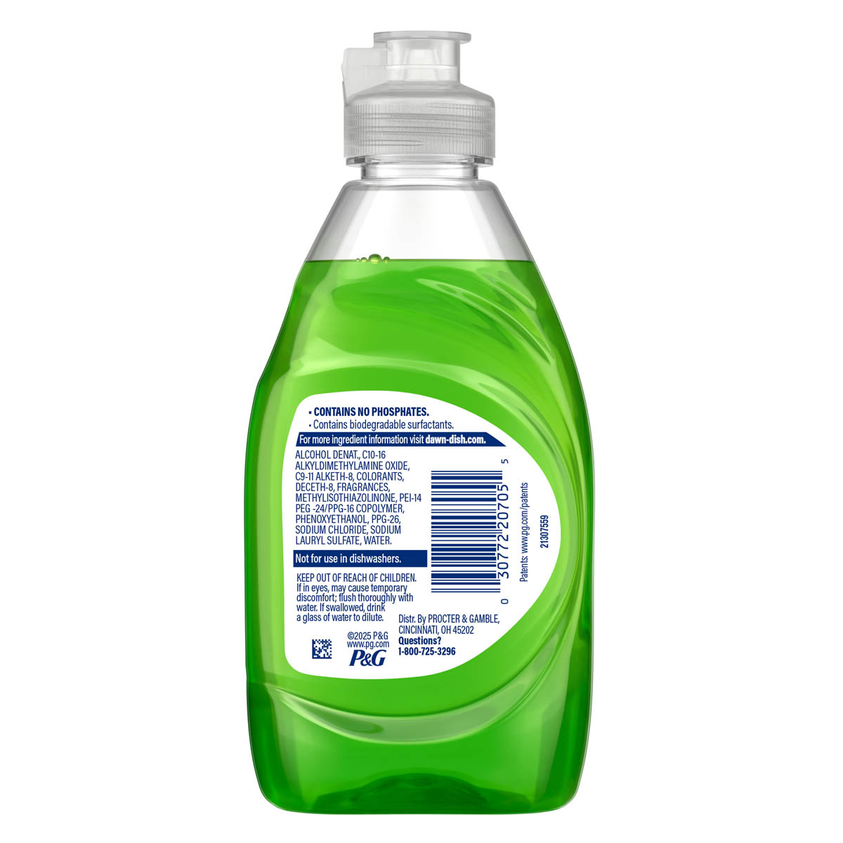 Back side of a Dawn Ultra Apple Blossom 7.5 oz dishwashing liquid bottle showing ingredients, safety warnings, and product information label.