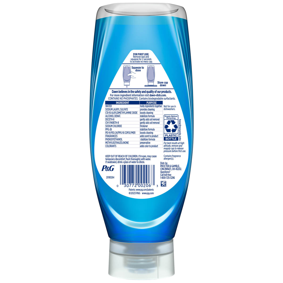 Back side of a Dawn Ultra EZ-Squeeze, Original Scent 14.7 OZ showing ingredients, safety warnings, and product information label.  