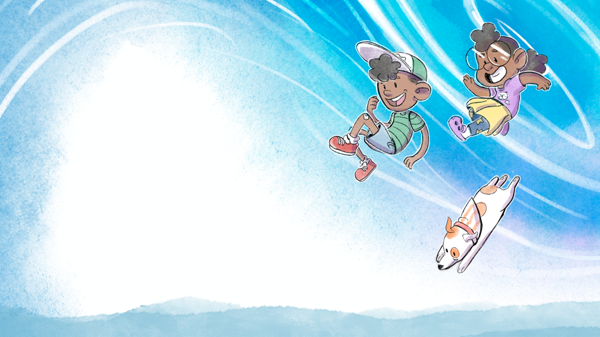 Illustration of kids and a dog dashing trough the sky