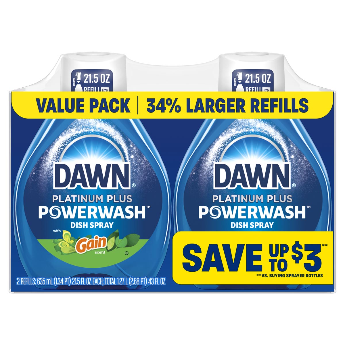 Dawn Powerwash Gain Original Dish Spray, Liquid Dish Soap 2 Refills 43 Oz
