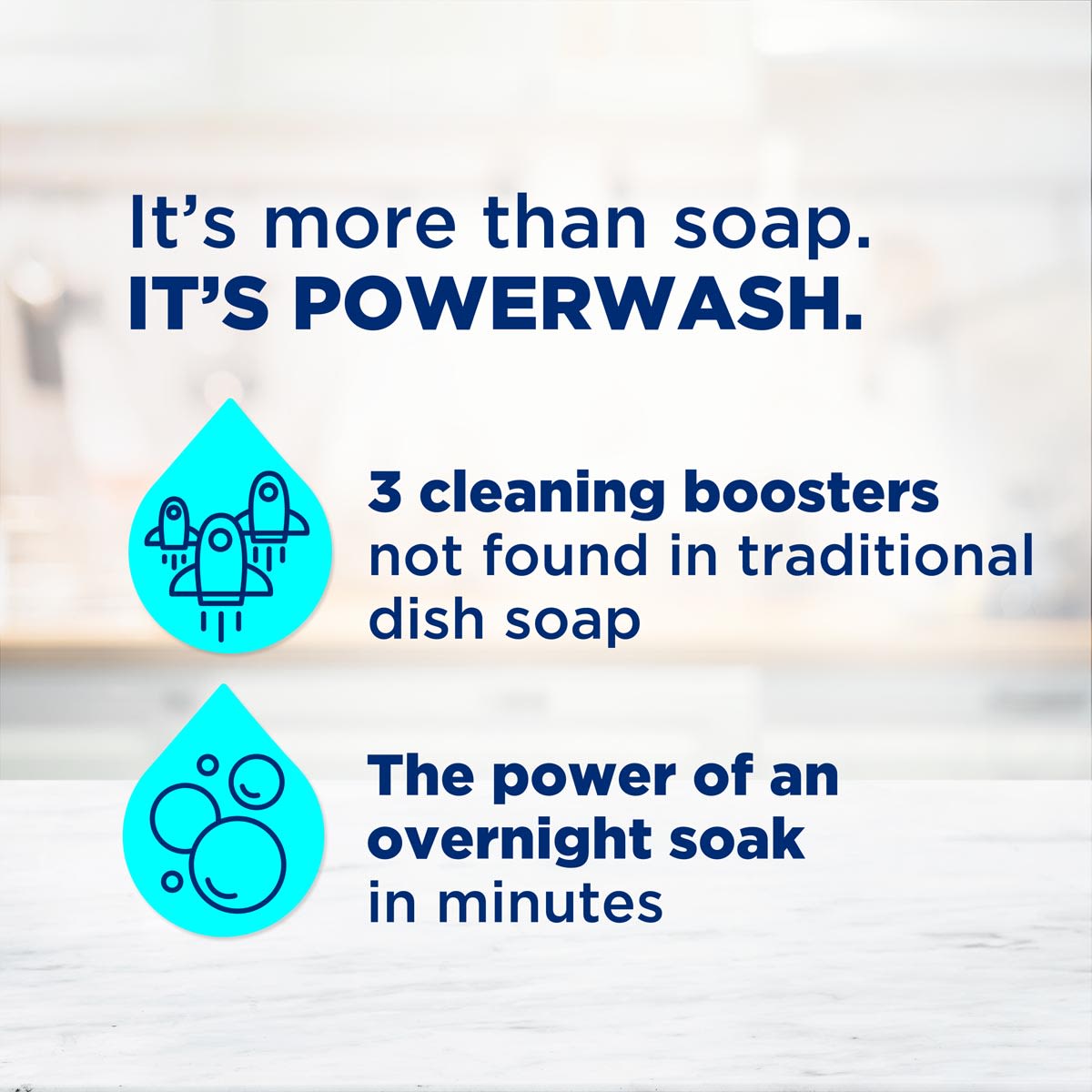 It's more than soap. It's Powerwash. 3 cleaning boosters not found in traditional dish soap; The power of an overnight soak in minutes