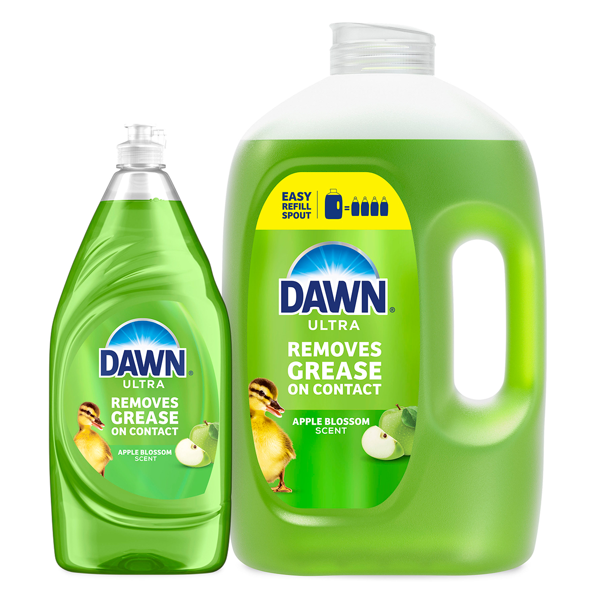 Dawn Ultra Apple Blossom dish soap set, featuring one standard bottle and one large refill container