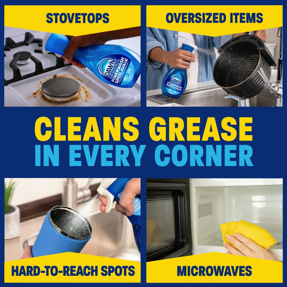 Cleans grease in every corner: stovetops, oversized items, hard-to-reach spots, microwave