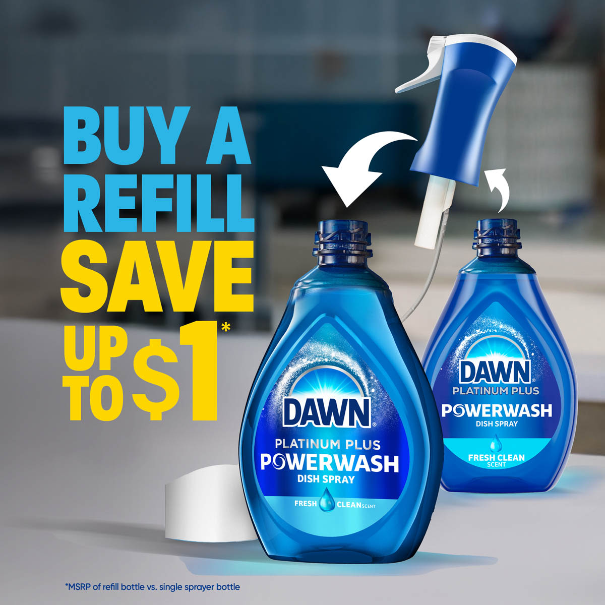 Dawn Platinum Plus Powerwash dish spray promotional graphic highlighting refill offer and savings up to one dollar