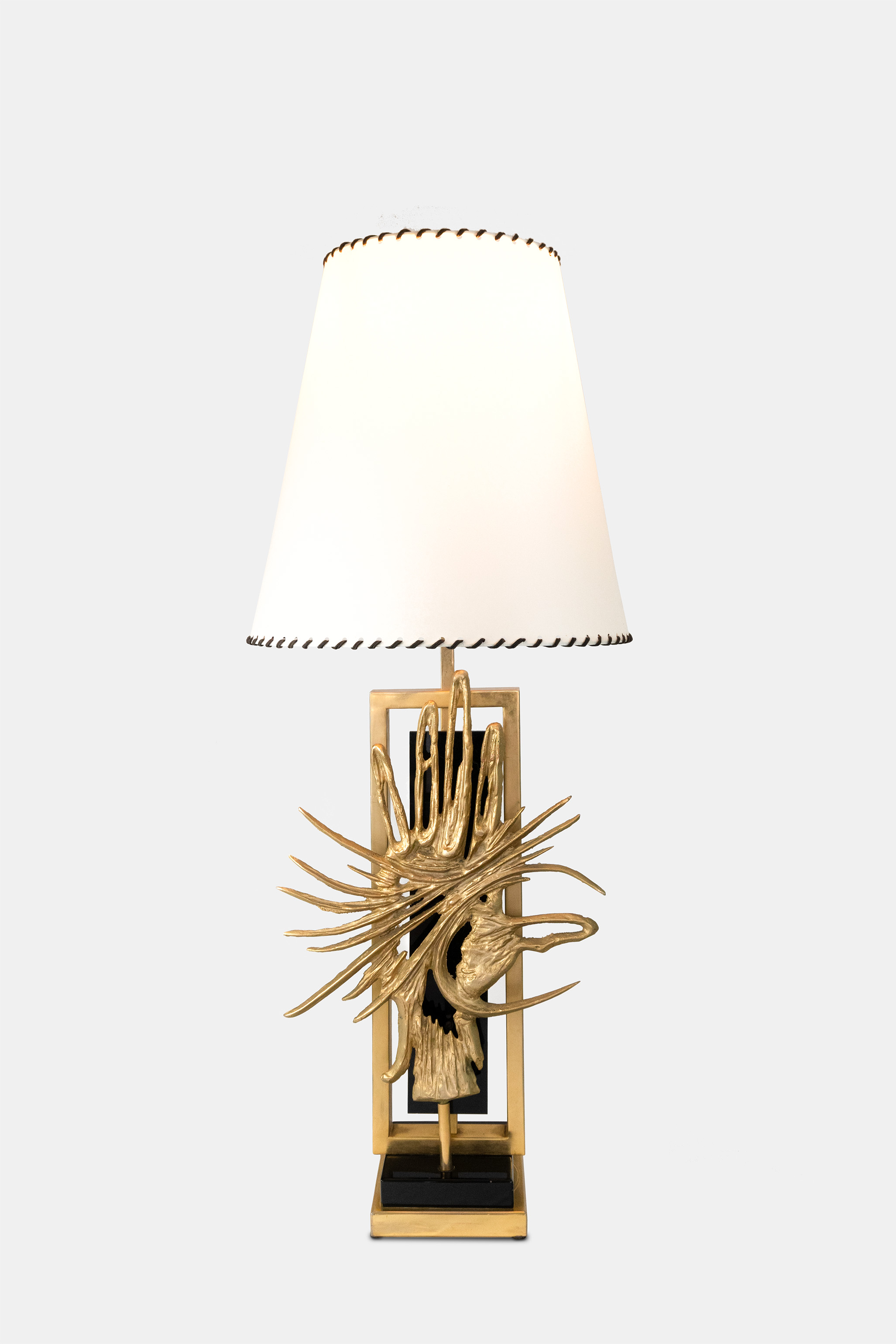 JACQUES DUVAL BRASSEUR, Pair of rare 'Zeus Hand' table lamps, circa 1970s, jacques duval brasseur, french design, gilt bronze, opaline, black perspex, lamp, table lamp, design, zues hand, lighting