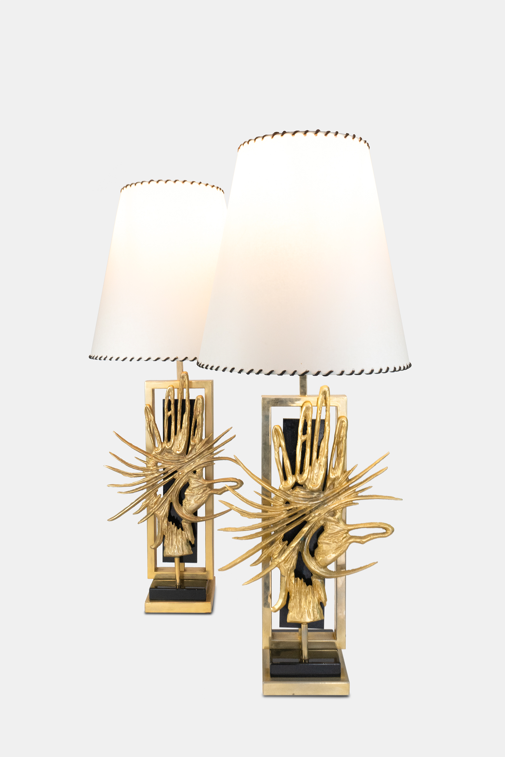 JACQUES DUVAL BRASSEUR, Pair of rare 'Zeus Hand' table lamps, circa 1970s, jacques duval brasseur, french design, gilt bronze, opaline, black perspex, lamp, table lamp, design, zues hand, lighting