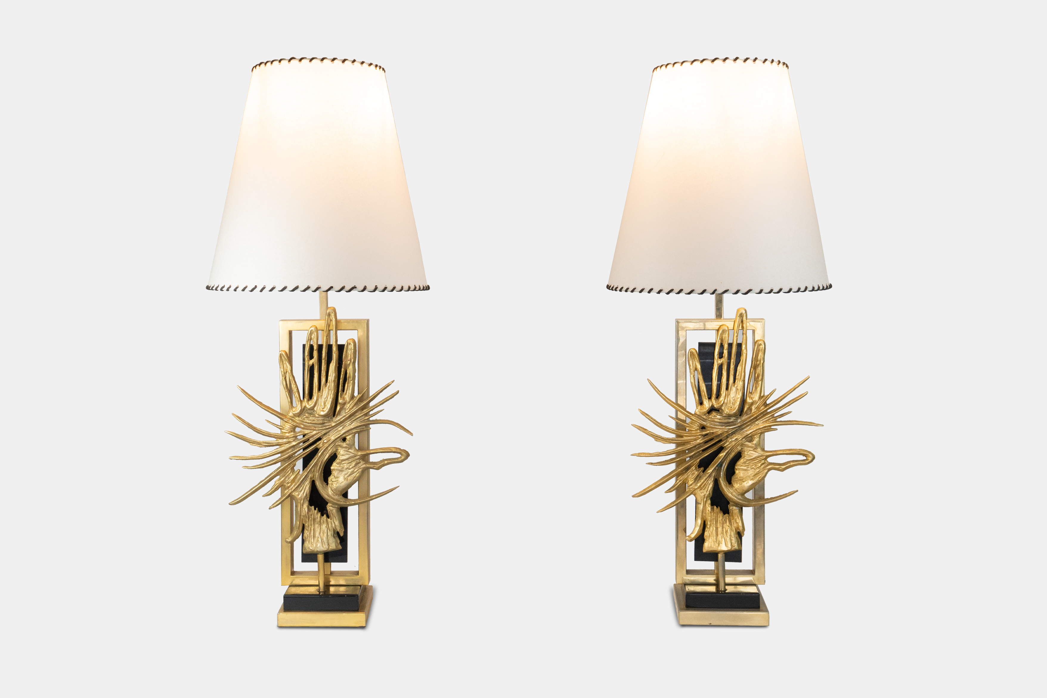 JACQUES DUVAL BRASSEUR, Pair of rare 'Zeus Hand' table lamps, circa 1970s, jacques duval brasseur, french design, gilt bronze, opaline, black perspex, lamp, table lamp, design, zues hand, lighting