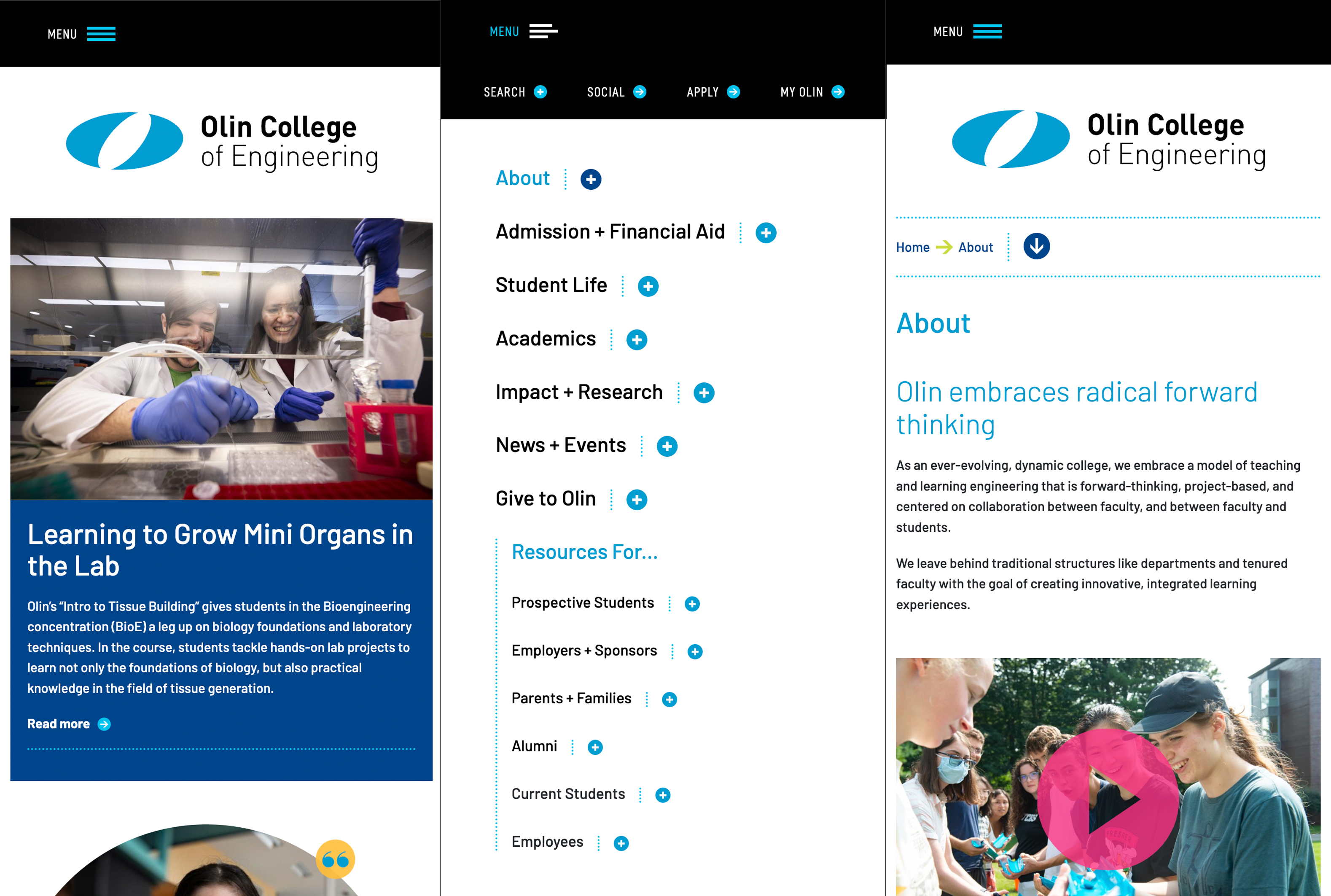 Various mobile views for Olin College of Engineering