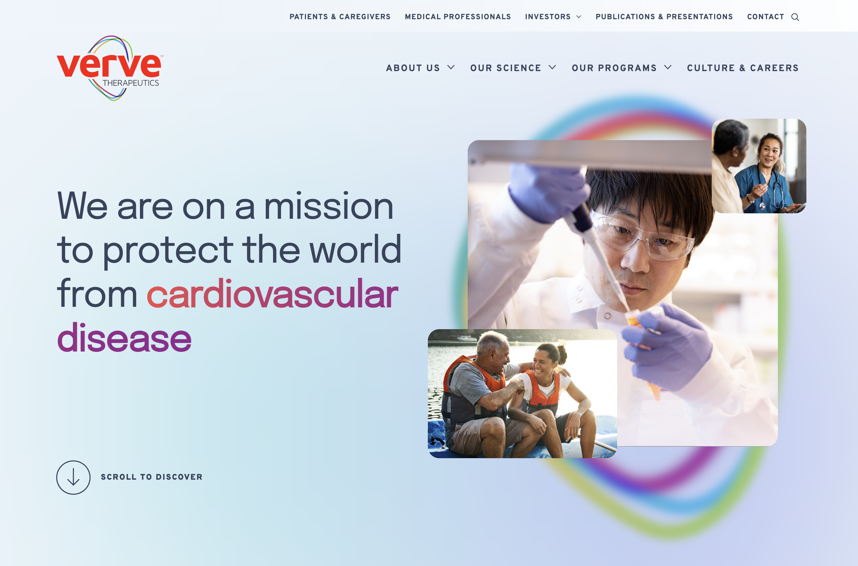 The desktop view for Verve Therapeutics. A collage of images, soft gradients and branded animations set the tone for the brand while also not distracting the message for the entire site. 