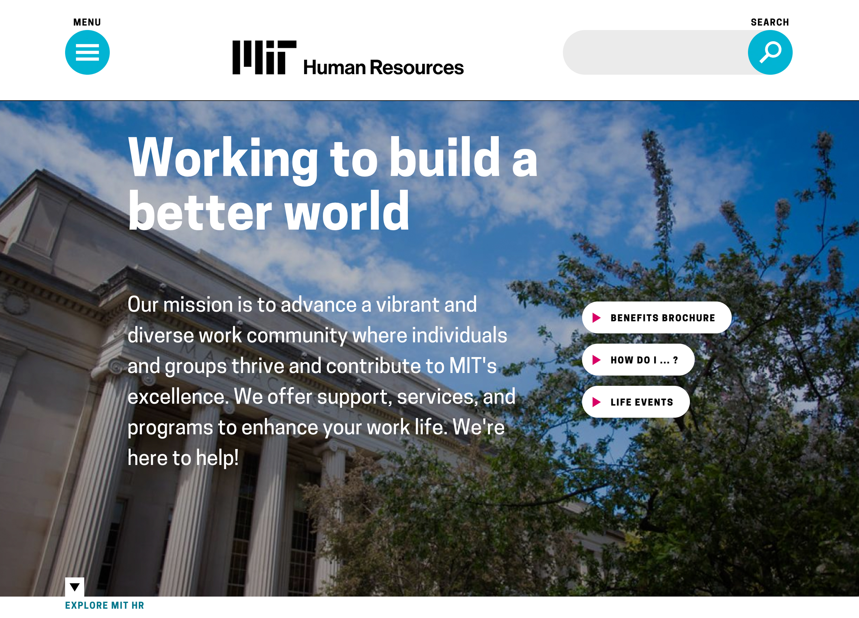 The home page / desktop view for the MIT Human Resources website after a total rebrand and rebuild. 