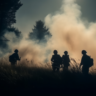 Quatre pompiers silhouettés marchant dans une forêt enfumée