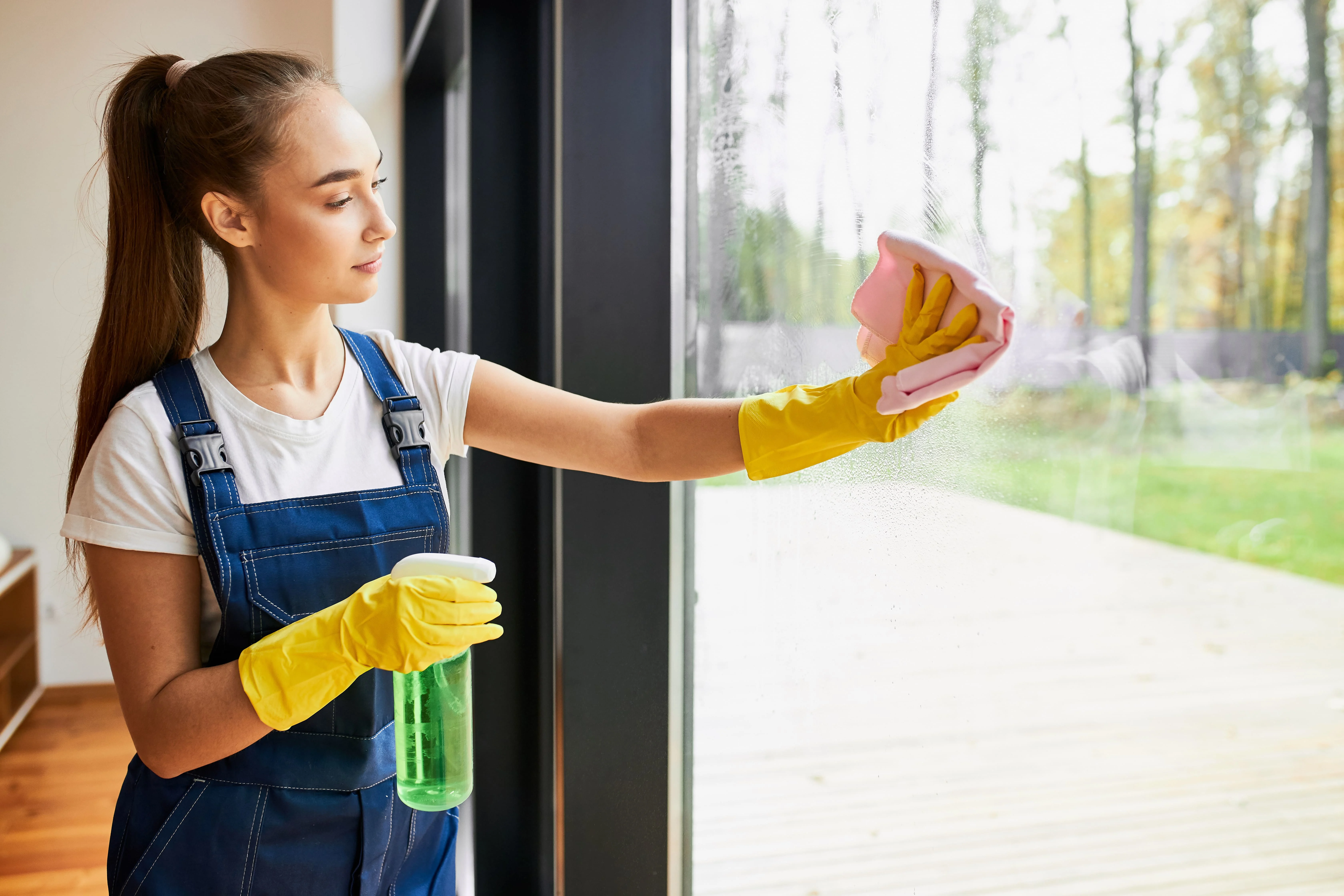 Woman cleaning glass window