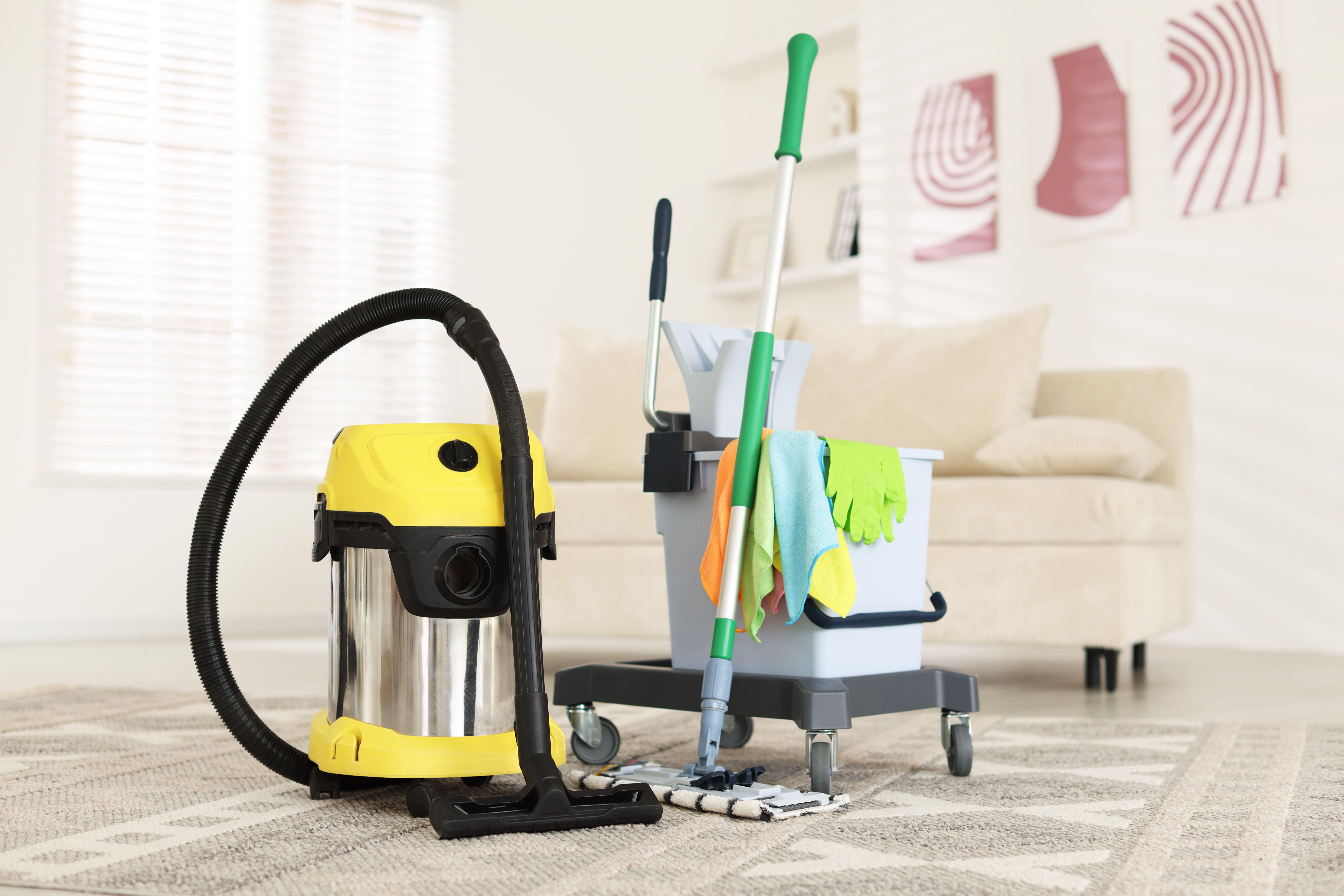 Bond cleaning supplies on floor