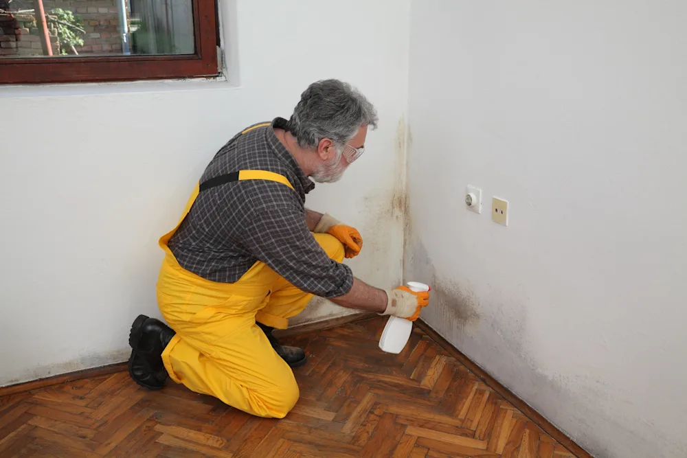 Man cleaning mould off wall