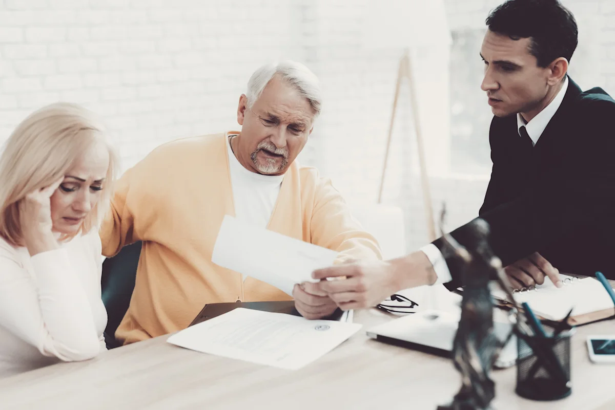 senior couple with young lawyer