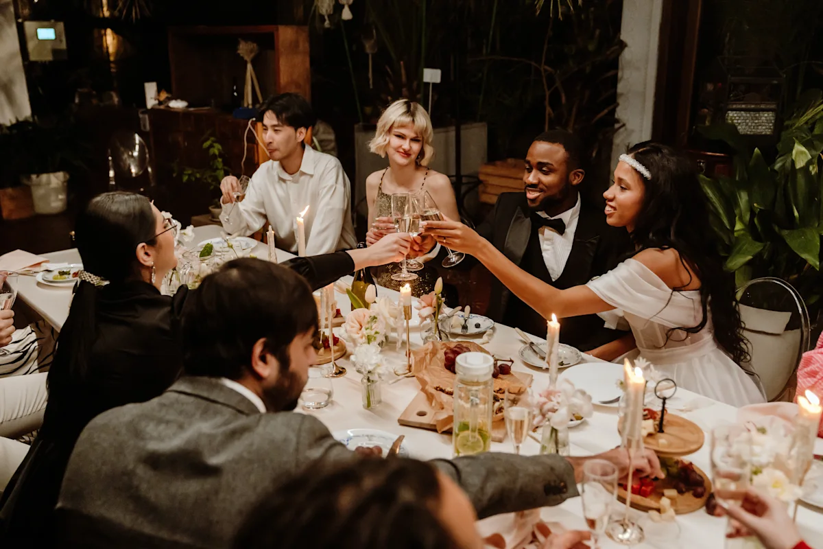 group enjoying wedding meal