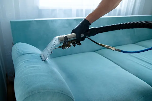 Close up of vacuum cleaning sofa