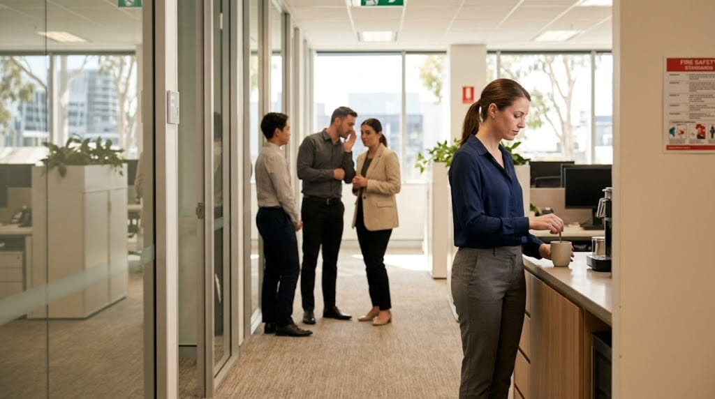 Professional woman isolated while colleagues talk behind.