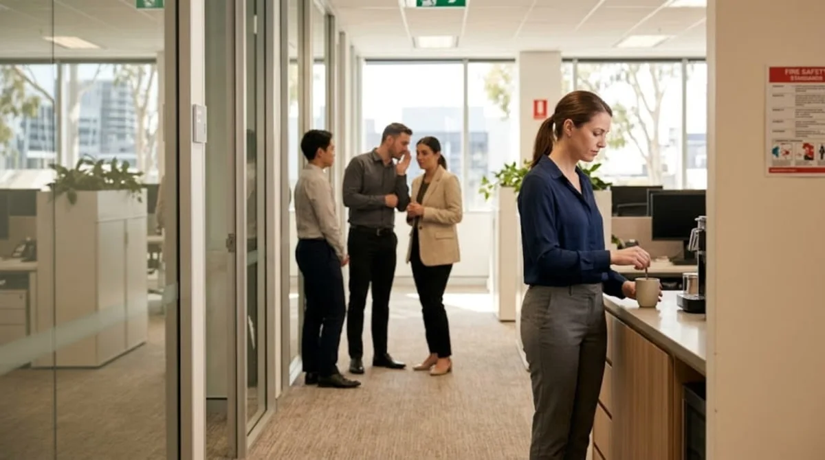 Professional woman isolated while colleagues talk behind.