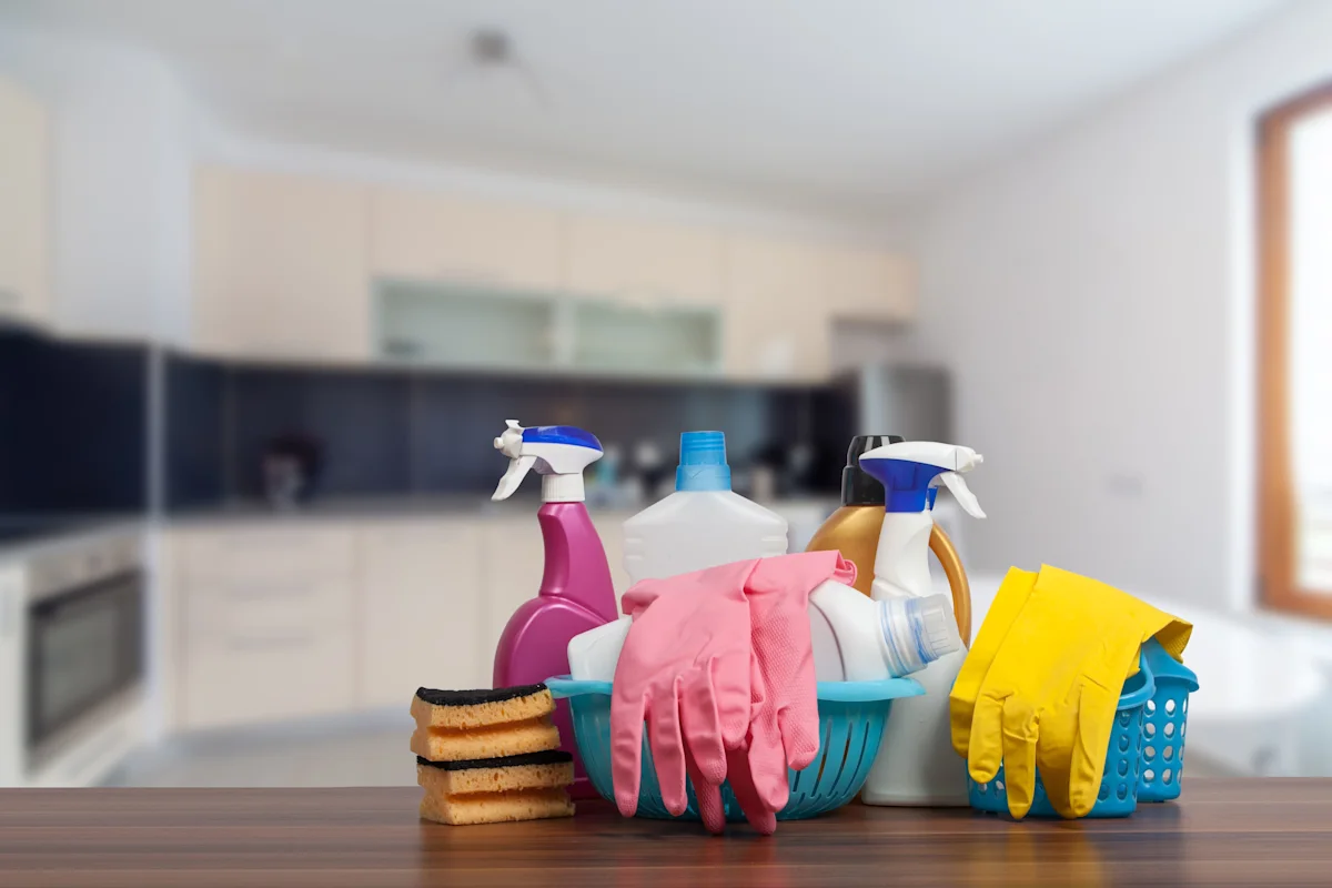 Cleaning supplies on counter