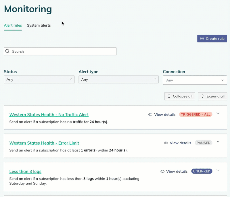 Select a connection for an alert rule link