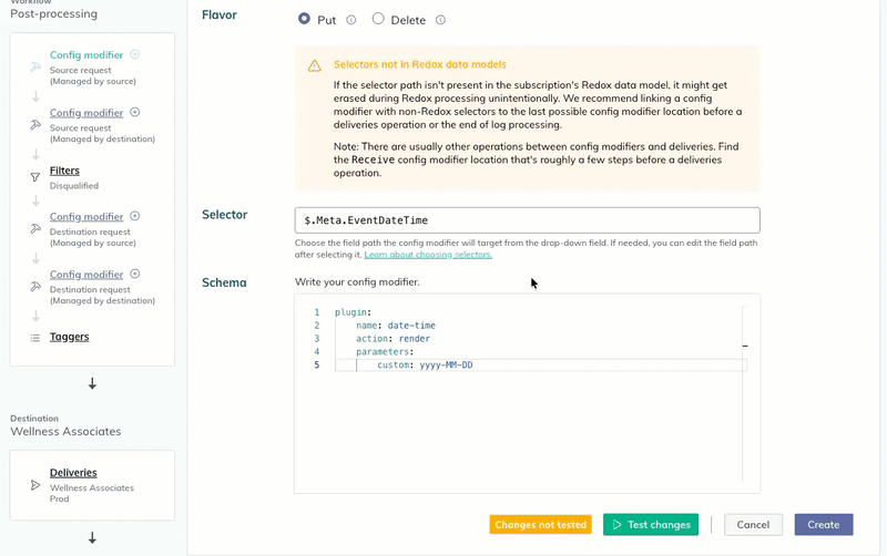 A user tests the config modifier and reviews what changed in the input and output payloads. A user tests the config modifier and reviews what changed in the input and output payloads.