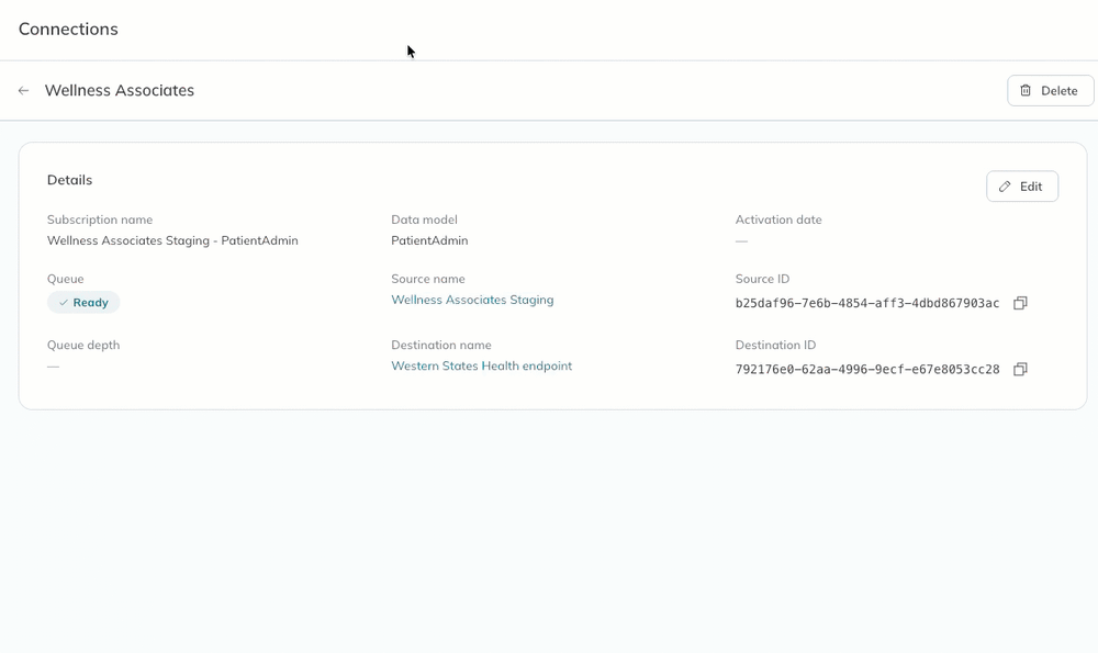 On the subscription Details page, a user clicks the Delete button and confirms deleting. 