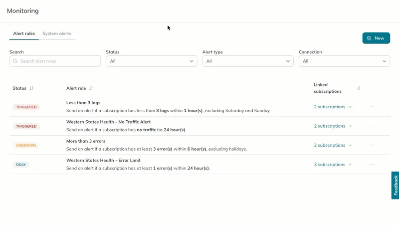 A user pauses a link for an alert rule from the Alert Rules tab.