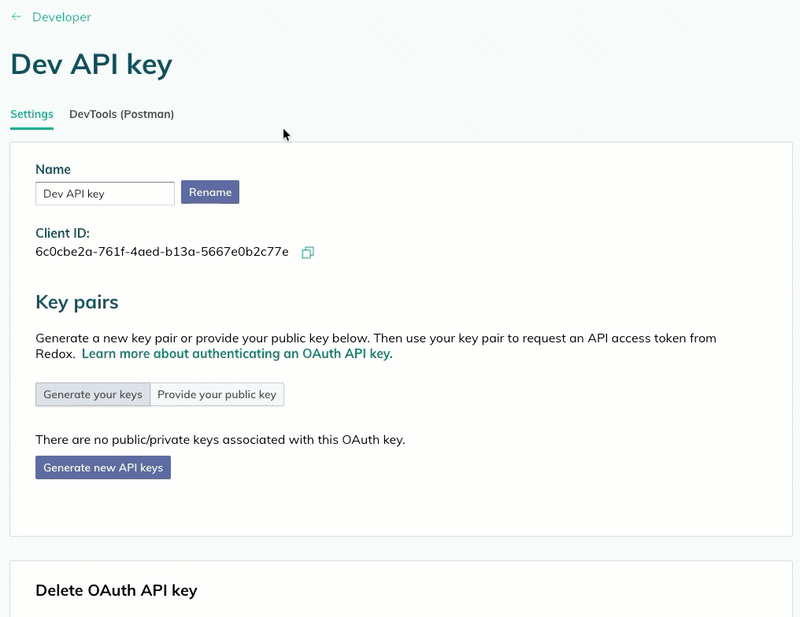 A user clicks the generate button to generate a new public/private key pair in the settings of an OAuth API key in the Redox dashboard. A user clicks the generate button to generate a new public/private key pair in the settings of an OAuth API key in the Redox dashboard.