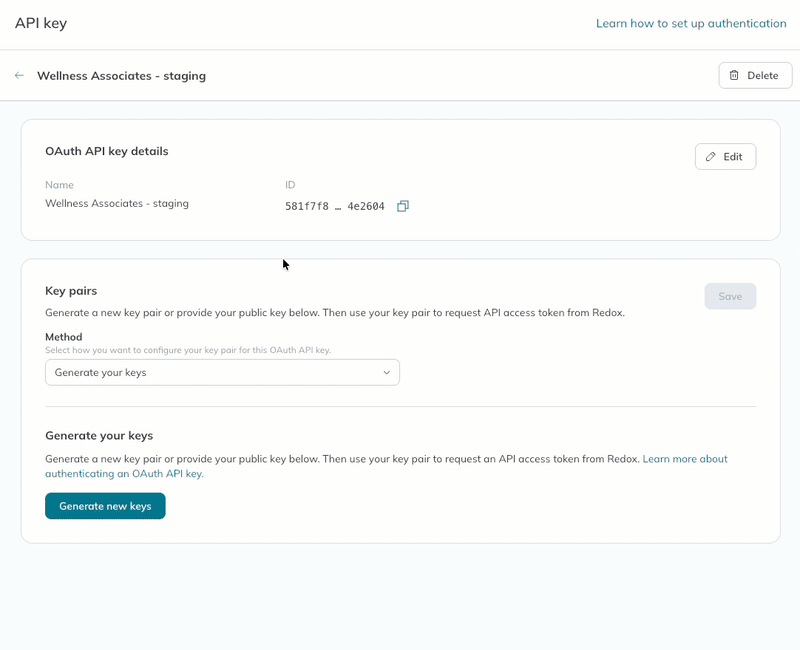 A user clicks the generate button to generate a new public/private key pair in the settings of an OAuth API key in the Redox dashboard. A user clicks the generate button to generate a new public/private key pair in the settings of an OAuth API key in the Redox dashboard.