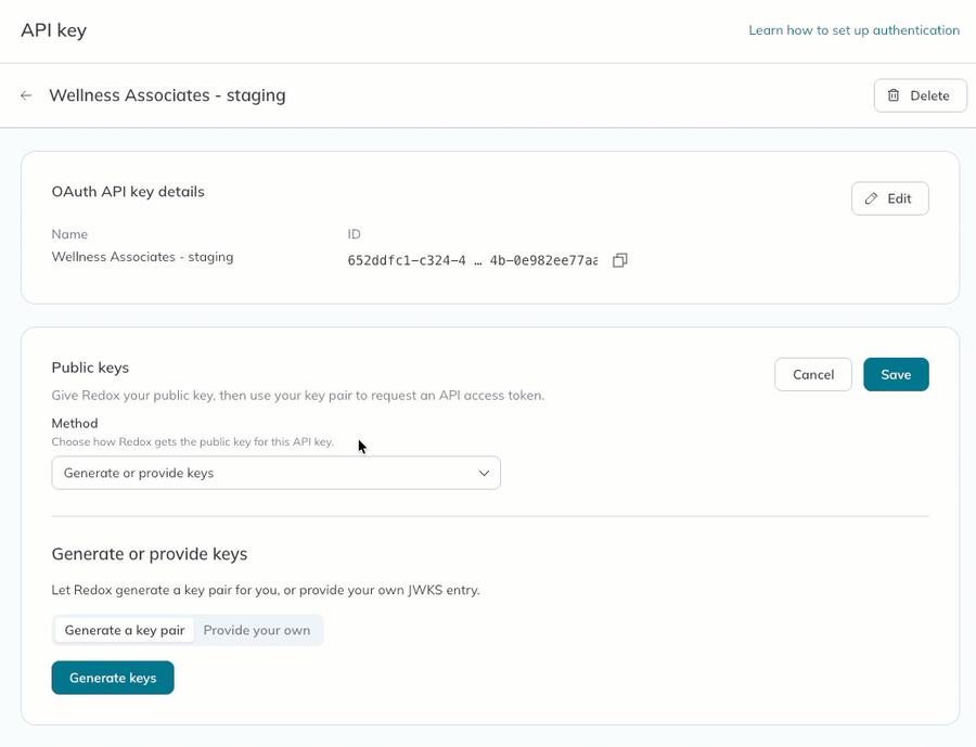 A user generates a new public/private key pair in the Redox dashboard. A user generates a new public/private key pair in the Redox dashboard.