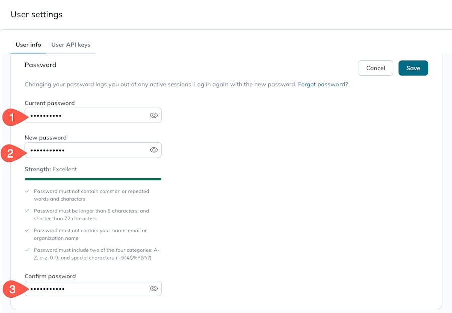 A user enters the required fields to change their password.